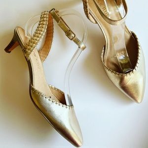 NIB Jack Rogers Tinsley Kitten Heel Platinum Gold